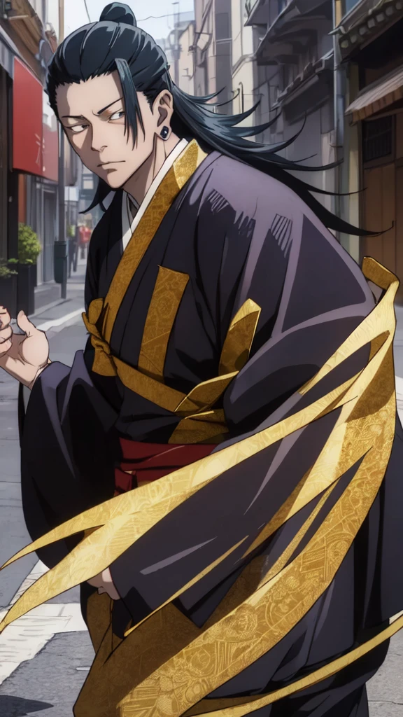 CHARACTER OF A PERSON WITH BLACK HAIR, LONG AGA, BROWN EYES, HANDSOME FACE, WEARING A KIMONO. NAMED "SUGURU GETO" IN THE ANIME STORY SERIES"(JUJUTSU KAISEN), IT STANDS IN THE MIDDLE OF A BEAUTIFUL CITY, WITH REALISTIC -8K HDR EFFECTS.
