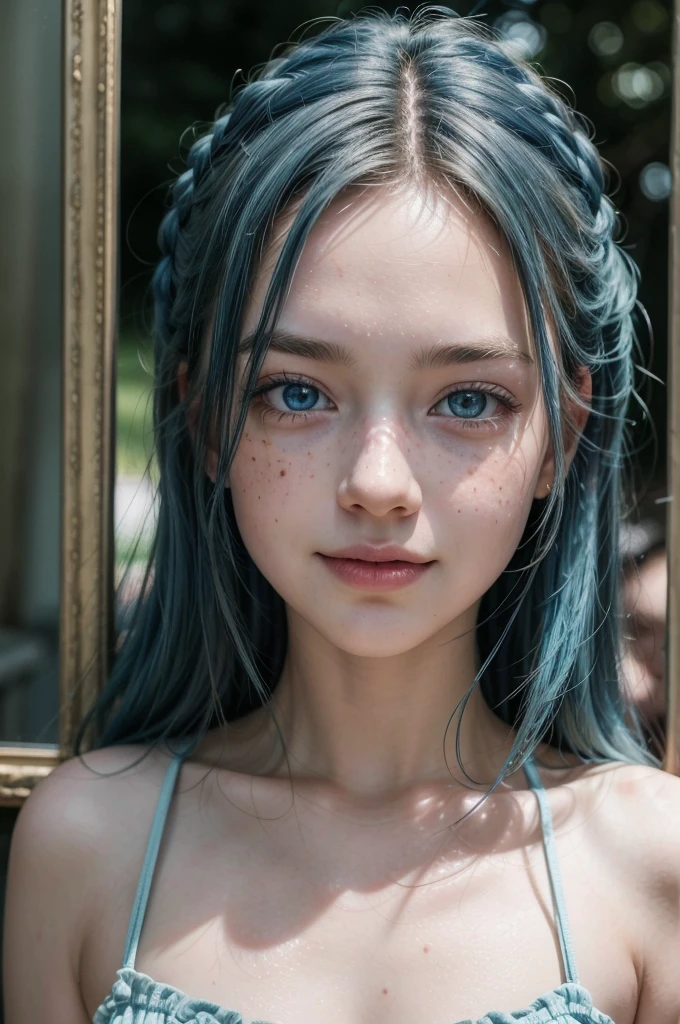 A group of cheerful and playful 18 year old country girl friends, beautiful detailed blue eyes, beautiful detailed blue hair, freckles all over their bodies, posing in front of a mirror, (best quality,4k,8k,highres,masterpiece:1.2),ultra-detailed,(realistic,photorealistic,photo-realistic:1.37),vibrant colors, natural lighting, summer countryside, idyllic, whimsical, soft focus