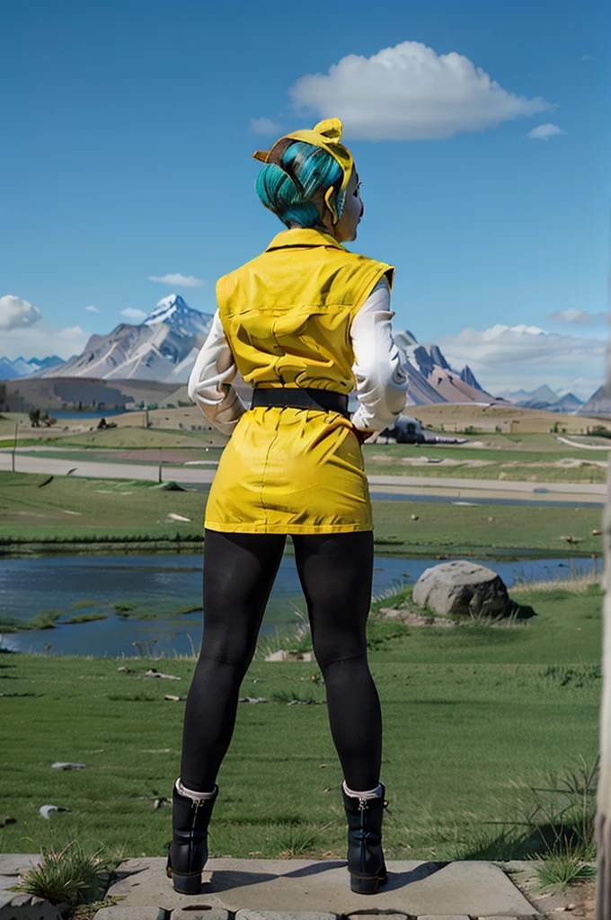 namek saga, bulma, 1girl, solo, breasts, looking at viewer, smile, short hair, blue eyes, yellow dress, standing, full body, pantyhose, outdoors, sky, belt, cloud, black pantyhose, aqua hair, green sky, namek background, hands on hips, mountain, red hairband, yellow boots, socks, blue grass, long sleeves
 