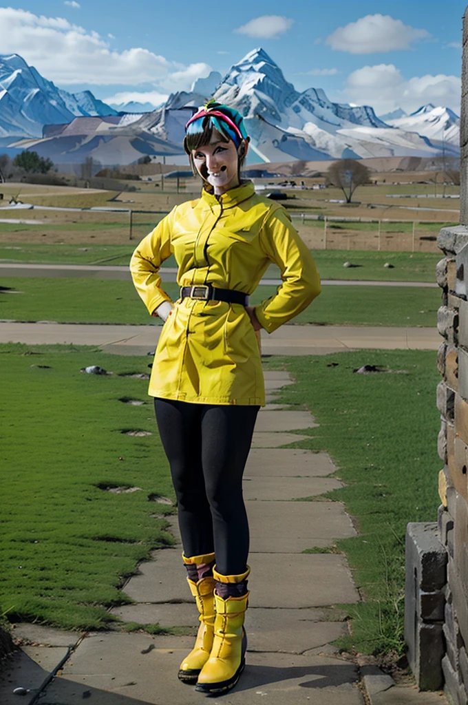 namek saga, bulma, 1girl, solo, breasts, looking at viewer, smile, short hair, blue eyes, yellow dress, standing, full body, pantyhose, outdoors, sky, belt, cloud, black pantyhose, aqua hair, green sky, namek background, hands on hips, mountain, red hairband, yellow boots, socks, blue grass, long sleeves
 