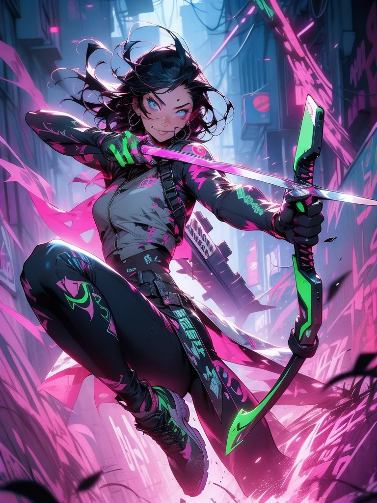 Ultra HD, anime realistic. Badass South Asian  girl with short, windblown black hair and piercing electric blue eyes. Smirking confidently, she leans against a graffiti-covered wall in a neon-lit cyberpunk alleyway. Clad in a black tactical outfit with exposed arm guards, she grips a glowing katana at her side.