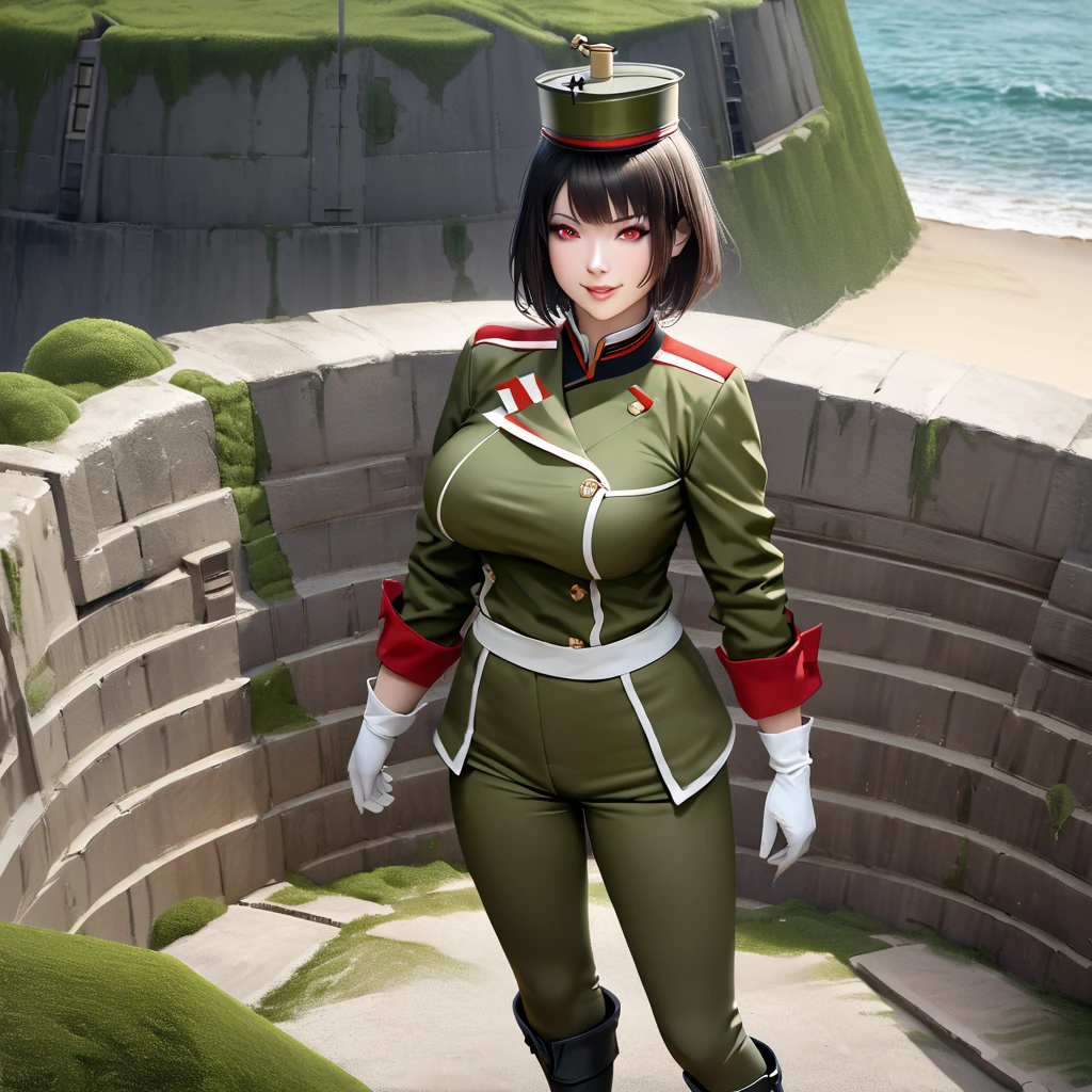 A woman wearing Imperial Japanese Drill uniform, moss green camouflage, moss green pants, black boots, Imperial Japanese Drill hat, black hair, short hair, red eyes, big breasts, white gloves, smiling, postured standing in a fortress near a beach, overlooking a beach with fortification and warships in the sea.realistic
