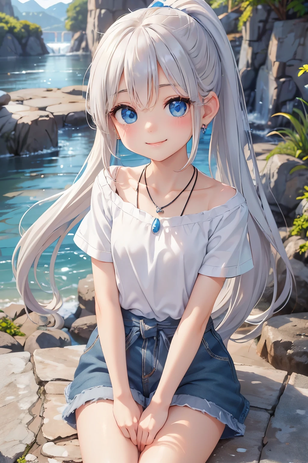 thin and soft hair、Energetic pose、Earrings、necklace、Beautiful glowing white skin,、 bright, Refreshing and gentle look, Perfect beautiful pretty face, Shiny platinum blonde straight long hair reaching down to her waist, Beautiful shiny bangs, ((Very beautiful and beautiful4Year old girl)), eyeliner, so perfect and beautiful, Big clear sky blue eyes, bright eye highlights, 、Cute smile、Long eyelashes、Cute figure、Looking down on a young girl from above、photograph、high quality、24k、16k、quality、Shorts T-shirt、I can see a big waterfall、ponytail、