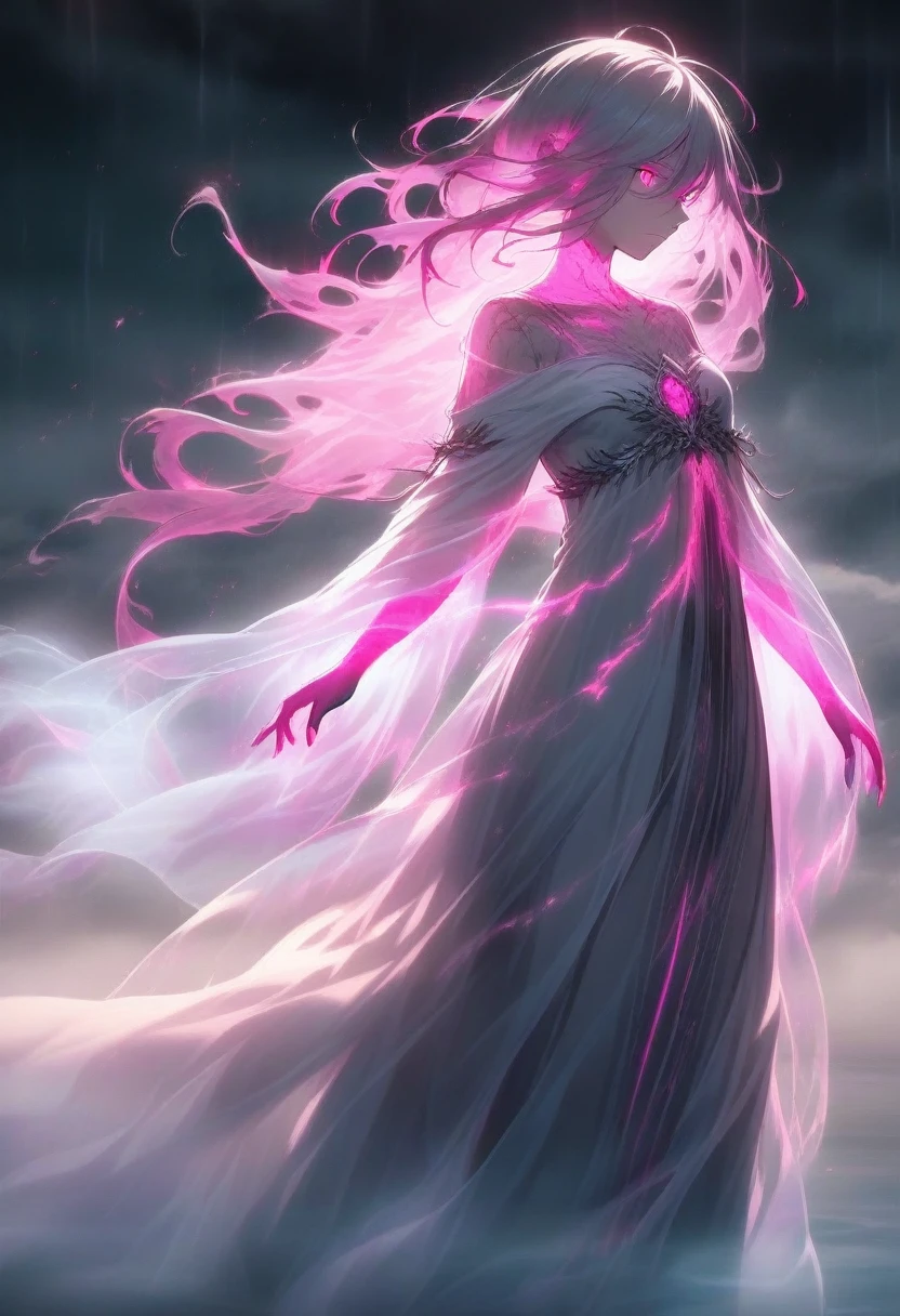 translucent, flowing, ethereal, luminescent, spectral, mist, atmospheric, eerie, ghost-like, flowing gown, glowing hair, misty skin, mirrage, smoke-screen, glowing pink eyes, catgirl, glowing transparent