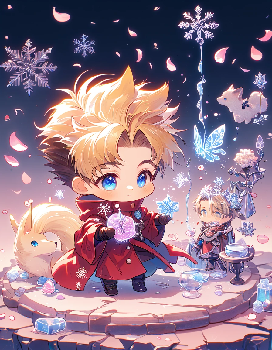 Ultra detailed, HDR, Highres, absurdres, master piece, Vash Stampede chibi, blond hair, expressive blue eyes, red clothes, Trigun, white fox, Ninetales, expressive blue eyes, glass, ice glittering butterflies, ice, petals, pink ice glass flowers, cute, glittering, water, fantasy, magical, snowflakes, cold, small and cute, glass