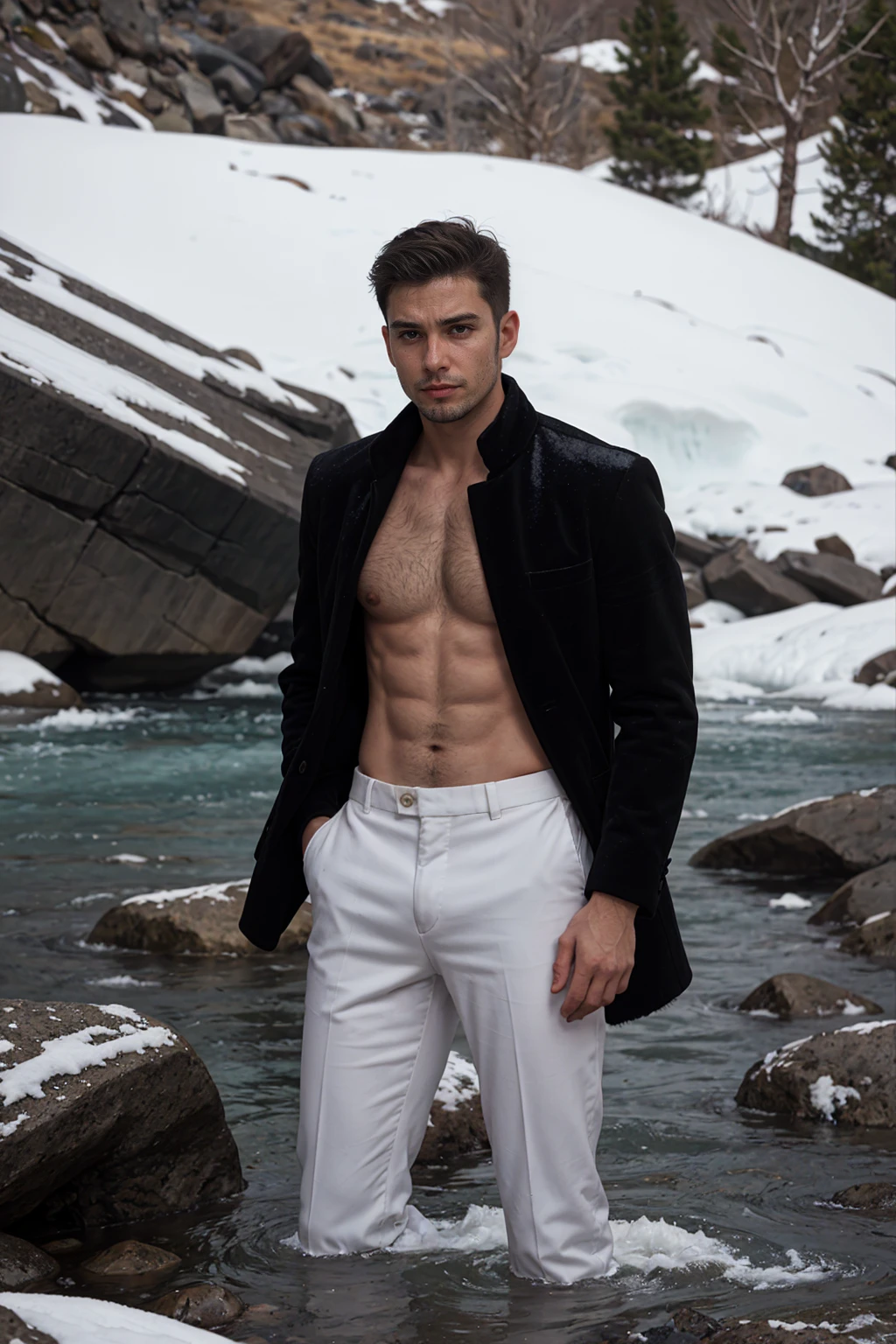 Real image of a handsome Turkish man model 30 years old without shirt, with a black fur coat, wearing white pants tailor posing  with looking serious at camera. a mountain stream behind, arid and snowy area. Landscape of Mendoza Argentina.