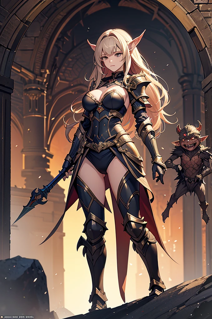 best quality, official art, masterpiece, textile shading, HDR, very detailed, colorful, best details, fantasy, battle armor,1 female, 25 years old, Multiple horny goblins,Anxious and frightened expression, standing on stairs,Inside the cave,Dim brightness,choppy hair, big breast, skinny,Surrounded by a horde of goblins:1.9、Goblins in heat、Feeling like I&#39;m about to be attacked、Being welcomed:1.5、cameltoe:1.3, looking back, ground level shot:1.9,