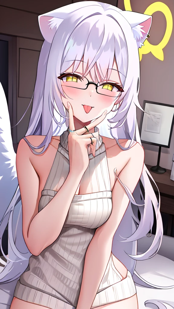 A 20-year-old female angel with long hair, white hair, yellow eyes, white cat ears, and white angel wings. A glowing yellow halo ring overhead. Wear round glasses (White halter turtleneck sweater, white purekiller sweater, sleeveless, y backless sweater, white dress) White arm warmers, tongue out, bedroom, holding a square pink envelope.