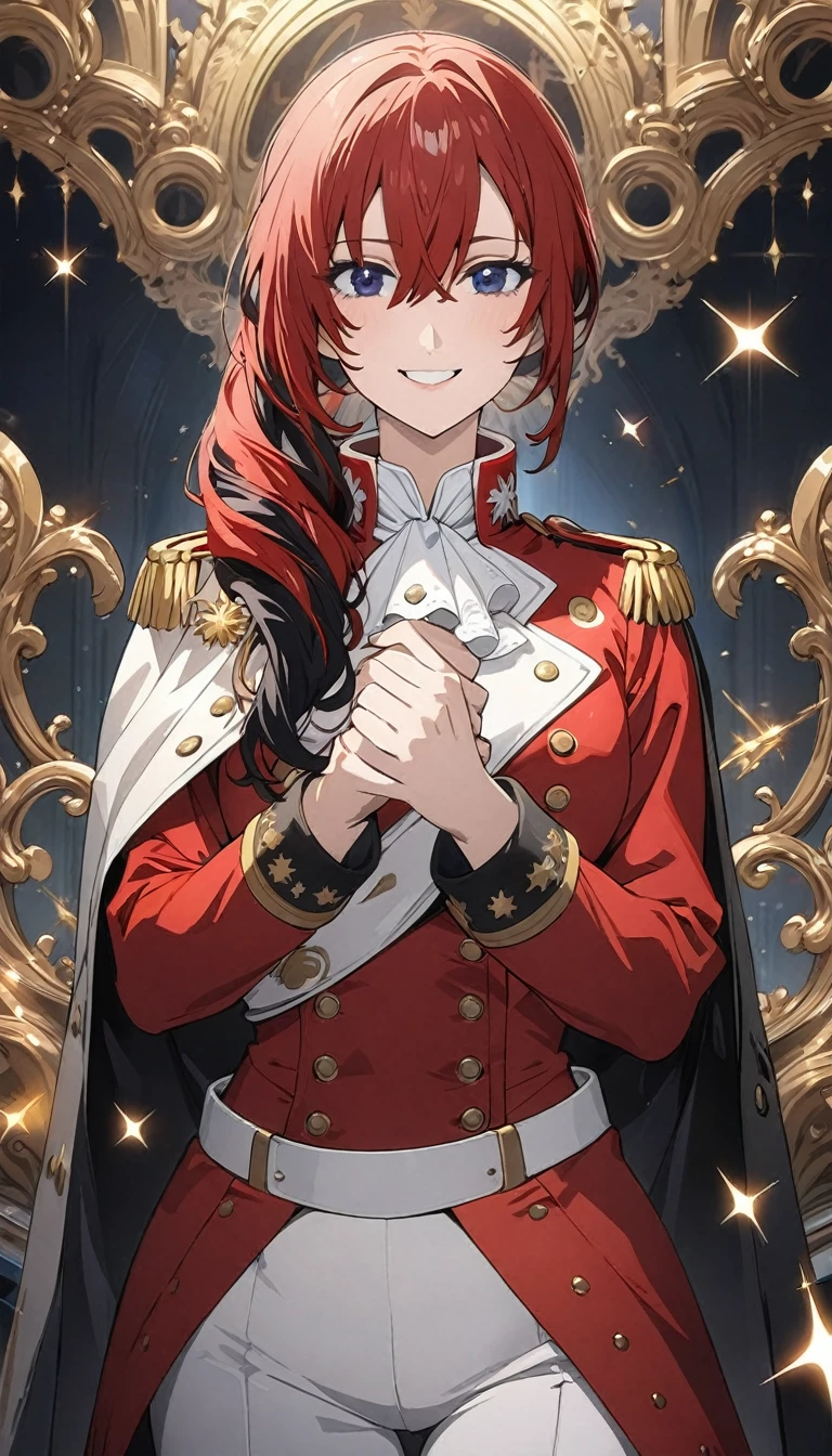 ((best quality)), ((masterpiece)), (detailed face and eyes), detailed hands and fingers, perfect face, accurate, textured skin, high details, multicolored hair, hair over shoulder, hair over eyes, tareme, smile, Expressionism, anime, sparkle, Military uniform, Woman dressed as Napoleon, cowboy shot