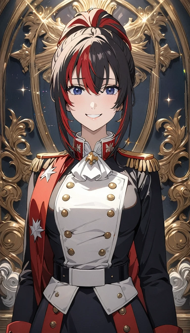 ((best quality)), ((masterpiece)), (detailed face and eyes), detailed hands and fingers, perfect face, accurate, textured skin, high details, multicolored hair, hair over shoulder, hair over eyes, tareme, smile, Expressionism, anime, sparkle, Military uniform, Woman dressed as Napoleon, cowboy shot