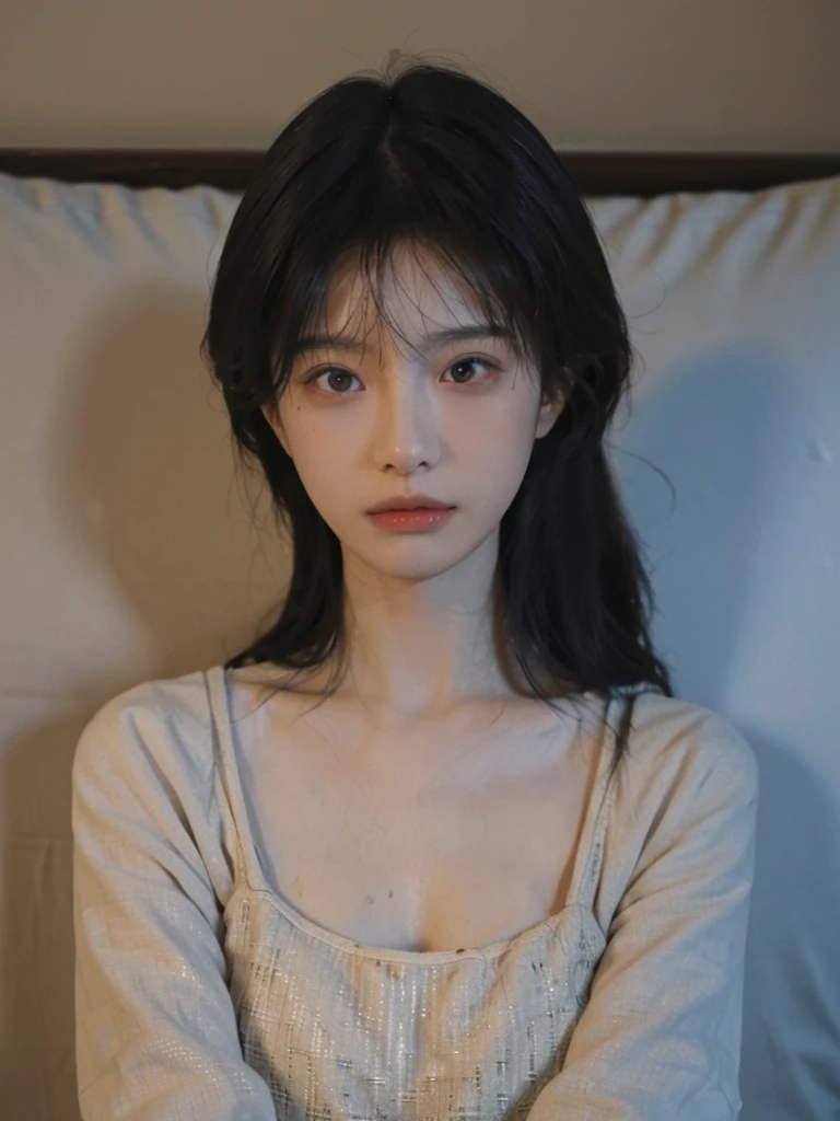 8K,best quality, masterpiece, Ultra-high resolution, (Reality:1.4), RAW photos, (Real skin texture:1.3), (Film Grain:1.3),1 Girl,Beautiful and detailed eyes and face,masterpiece, best quality,close up,Upper body,On the bed