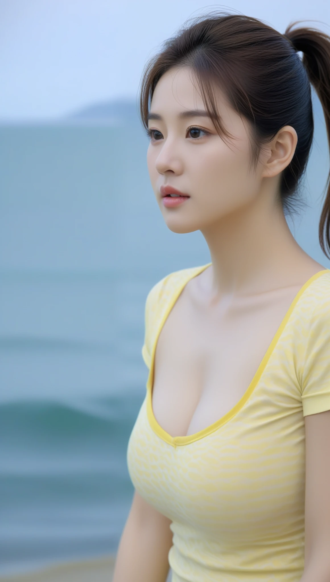 close-up of beautiful korean female, 34 inch breasts size, ponytail, wearing yellow pattern t-shirt , at the sea, cinematic scene, UHD 