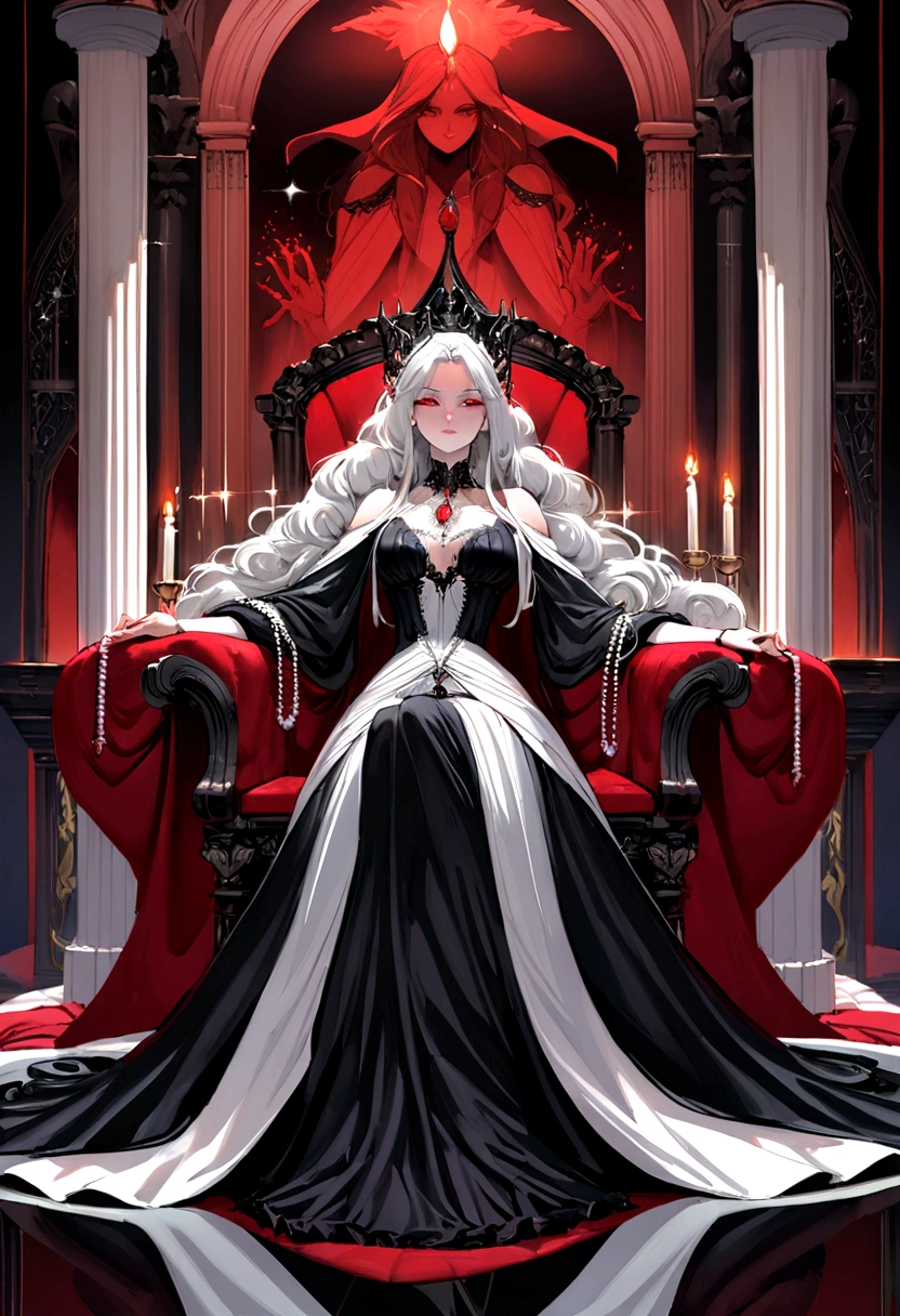 Evil Queen,White mask,White stockings,white long gloves,White mask,No shoes red,short skirt,Full body like,conservativelydressed,No shoes,unholy,Sit Pose,sitting on an royal throne,big breasts beautiful,whaite hair,short detailed hair