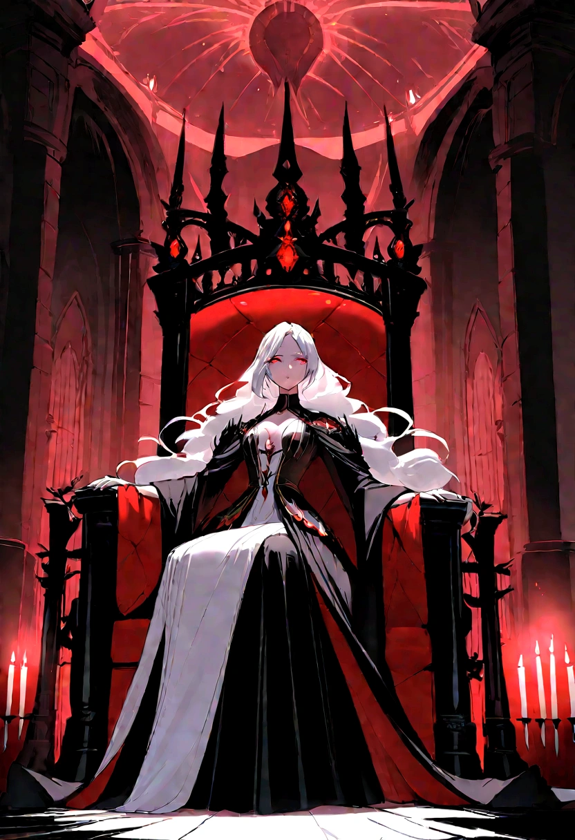 Description of the Vampire Empress, Progenitor, sitting on her throne:She is sitting on her throne in the main hall of the palace, radiating a presence that combines majesty and an aura of supernatural power. Her snow-white hair falls in soft waves over her shoulders., contrasting with her pale, perfect skin. Your eyes are deep red like rubies, emitting a hypnotic glow that reveals its ancient nature and its dominance over all vampires.Dressed in a long black velvet dress, richly adorned with silver and pearl details that sparkle in the candlelight and torches surrounding it, she embodies elegance and power that transcends centuries. Every detail of your outfit highlights your slender and attractive figure., as she stands tall with a posture that commands respect and reverence.The palace hall is a masterpiece of Gothic architecture, with imposing black marble columns and tapestries that depict the epic story of his reign over vampires. The light from the torches creates a play of shadows and reflections on the walls adorned with ancestral symbols and emblems of vampiric power..She dominates her throne with sovereign serenity, his eyes sweeping the hall with a gaze that reveals his immortal wisdom and a power that transcends the limits of time. Every gesture is deliberate and full of meaning, as she rules her dark kingdom with an authority that is both feared and revered by all who serve her.