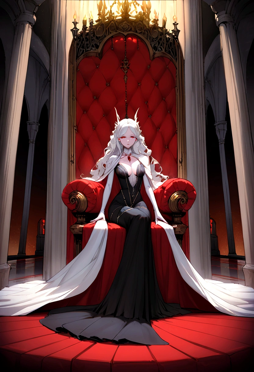 Description of the Vampire Empress, Progenitor, sitting on her throne:She is sitting on her throne in the main hall of the palace, radiating a presence that combines majesty and an aura of supernatural power. Her snow-white hair falls in soft waves over her shoulders., contrasting with her pale, perfect skin. Your eyes are deep red like rubies, emitting a hypnotic glow that reveals its ancient nature and its dominance over all vampires.Dressed in a long black velvet dress, richly adorned with silver and pearl details that sparkle in the candlelight and torches surrounding it, she embodies elegance and power that transcends centuries. Every detail of your outfit highlights your slender and attractive figure., as she stands tall with a posture that commands respect and reverence.The palace hall is a masterpiece of Gothic architecture, with imposing black marble columns and tapestries that depict the epic story of his reign over vampires. The light from the torches creates a play of shadows and reflections on the walls adorned with ancestral symbols and emblems of vampiric power..She dominates her throne with sovereign serenity, his eyes sweeping the hall with a gaze that reveals his immortal wisdom and a power that transcends the limits of time. Every gesture is deliberate and full of meaning, as she rules her dark kingdom with an authority that is both feared and revered by all who serve her.