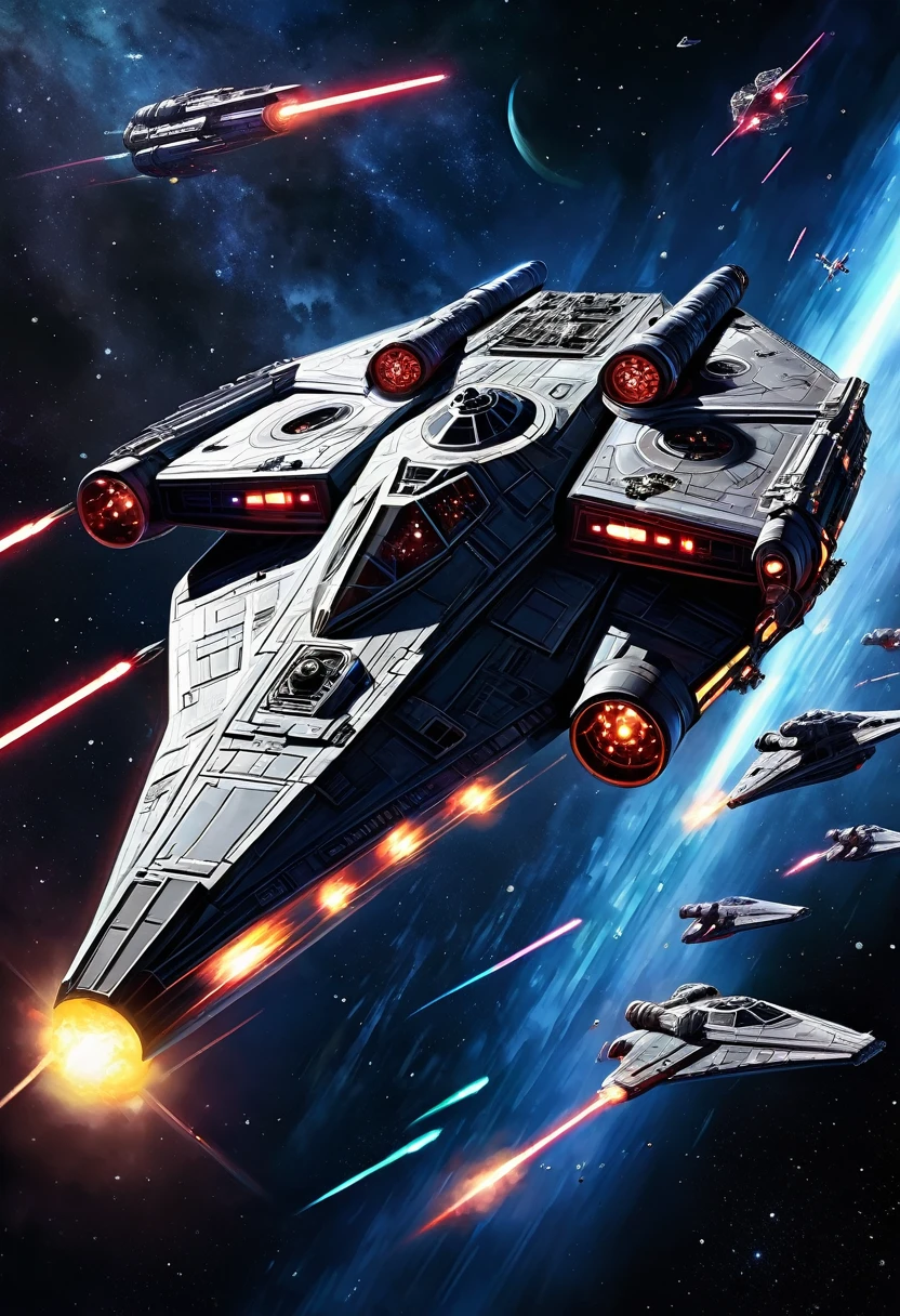Millennium Falcon engaged in a high-stakes space battle, laser blasts illuminating the dark expanse of space, TIE fighters in close pursuit, sleek hull reflecting the chaotic dance of lights, ambient glow from nearby stars, localized flares and explosions, rendered in ultra high definition digital painting.