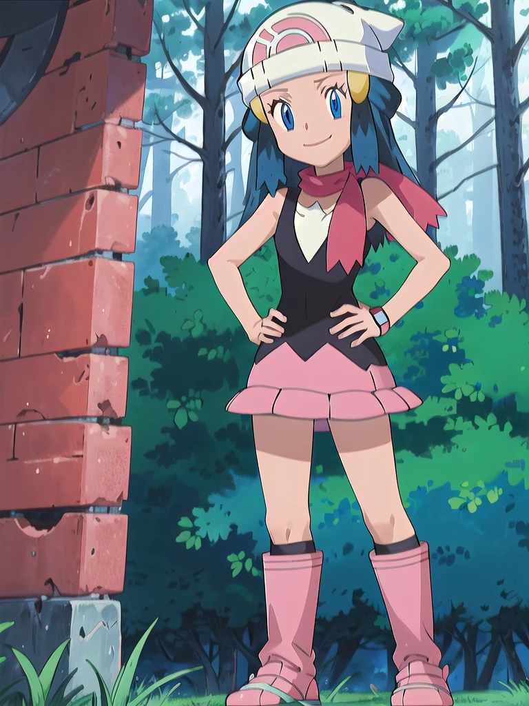 masterpiece, best quality, 1girl, dawn \(pokemon\), beanie, long hair, blue hair, blue eyes, black sleeveless shirt, pink scarf, pink skirt, pink boots, hands on hips, smile, looking at viewer, forest background