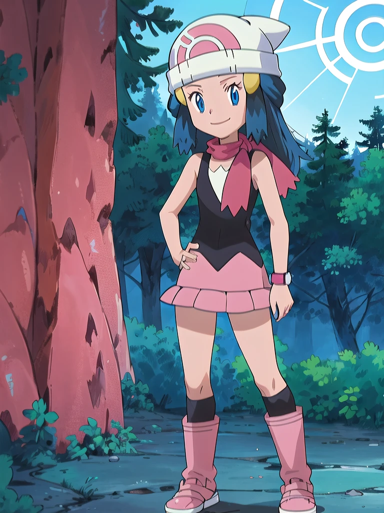 masterpiece, best quality, 1girl, dawn \(pokemon\), beanie, long hair, blue hair, blue eyes, black sleeveless shirt, pink scarf, pink skirt, pink boots, hands on hips, smile, looking at viewer, forest background