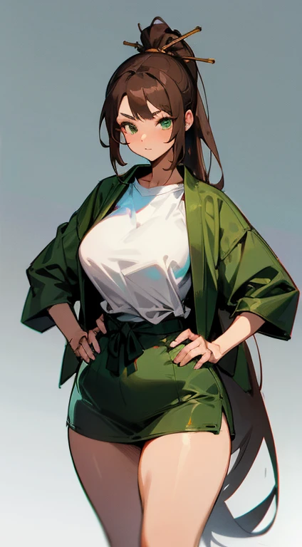 Beautiful young woman standing next to a chair with her hands on her hips, huge tits, huge ass, thick thighs, cropped shirt and green jacket, anime style, knotted shirt, fantasy style clothing, casual clothing, casual kimono style, cute casual streetwear, wearing long and loose-fitting clothes, casual modern fashion, anime inspired, high quality, calm cyberpunk style, dark brown hair , very long hair, ponytail hair