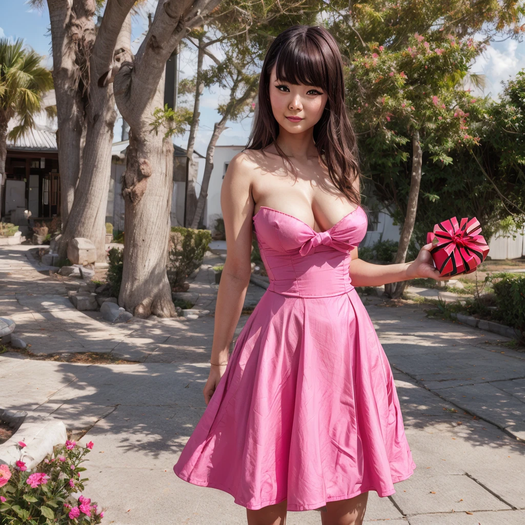 a woman in a pink dress holding a red present, cgsociety 9, holding gift, by Lü Ji, artdoll, realistic. cheng yi, realistic anime 3 d style, cgsociety, 3 d anime realistic, gifts, giving gifts to people, anime figurine, cg art, by Li Di, photorealistic anime girl render, realistic - anime, presents , realistic 