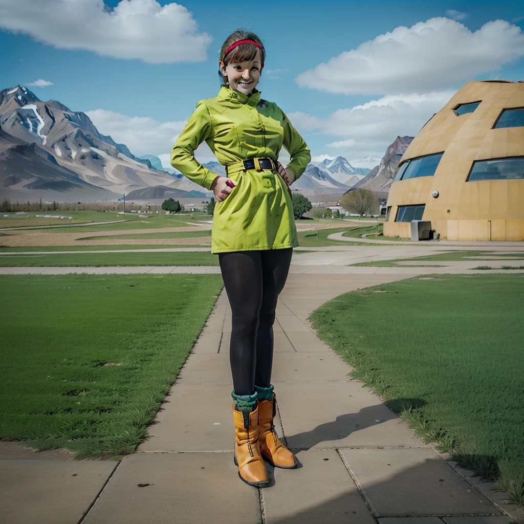 namek saga, bulma, 1girl, solo, breasts, looking at viewer, smile, short hair, blue eyes, yellow dress, standing, full body, pantyhose, outdoors, sky, belt, cloud, black pantyhose, aqua hair, green sky, namek background, hands on hips, mountain, red hairband, yellow boots, socks, blue grass, long sleeves
 