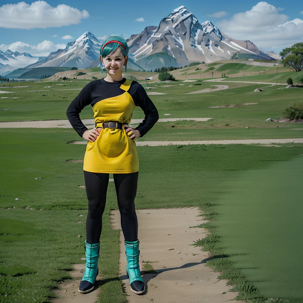 namek saga, bulma, 1girl, solo, breasts, looking at viewer, smile, short hair, blue eyes, yellow dress, standing, full body, pantyhose, outdoors, sky, belt, cloud, black pantyhose, aqua hair, green sky, namek background, hands on hips, mountain, red hairband, yellow boots, socks, blue grass, long sleeves
 