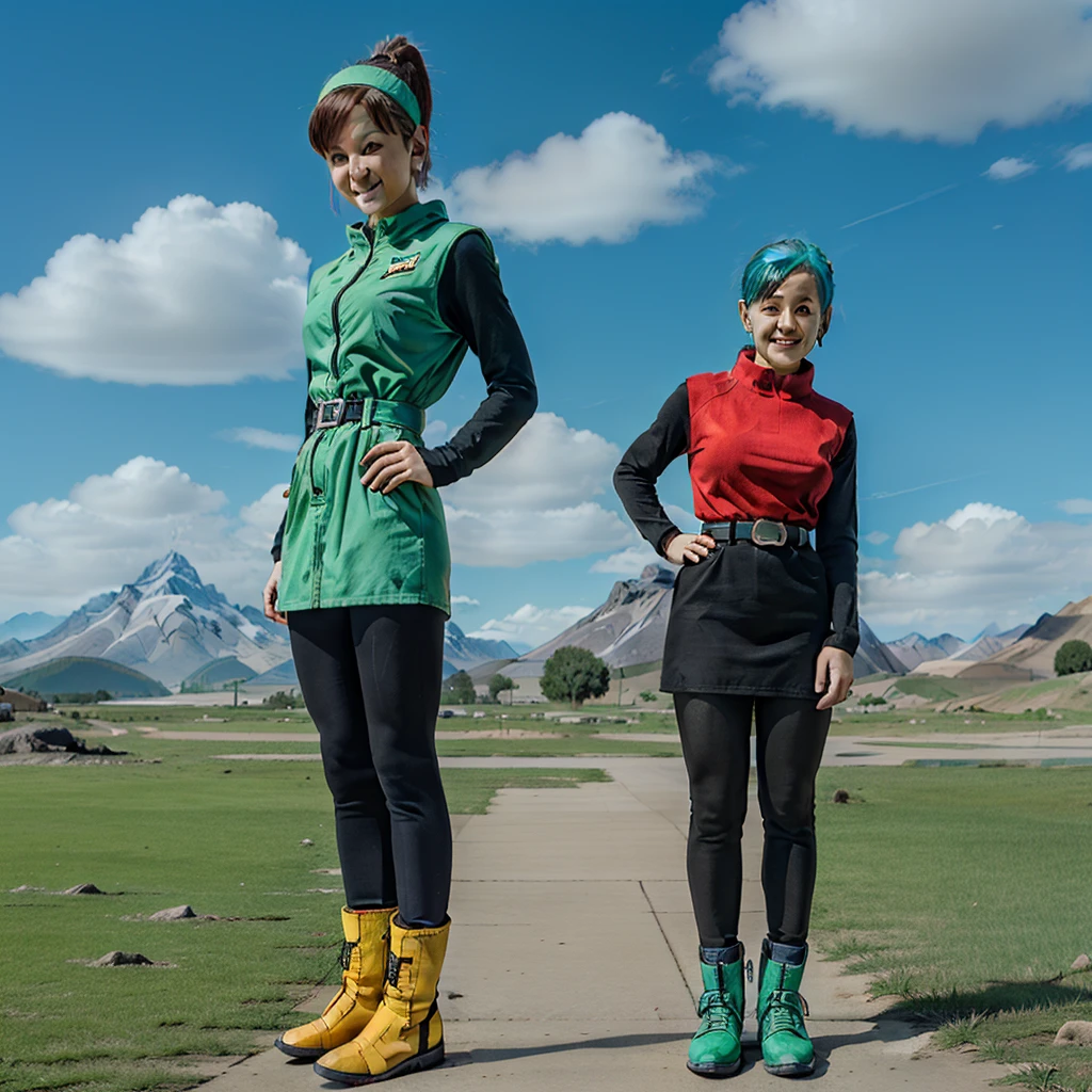 namek saga, bulma, 1girl, solo, breasts, looking at viewer, smile, short hair, blue eyes, yellow dress, standing, full body, pantyhose, outdoors, sky, belt, cloud, black pantyhose, aqua hair, green sky, namek background, hands on hips, mountain, red hairband, yellow boots, socks, blue grass, long sleeves
 