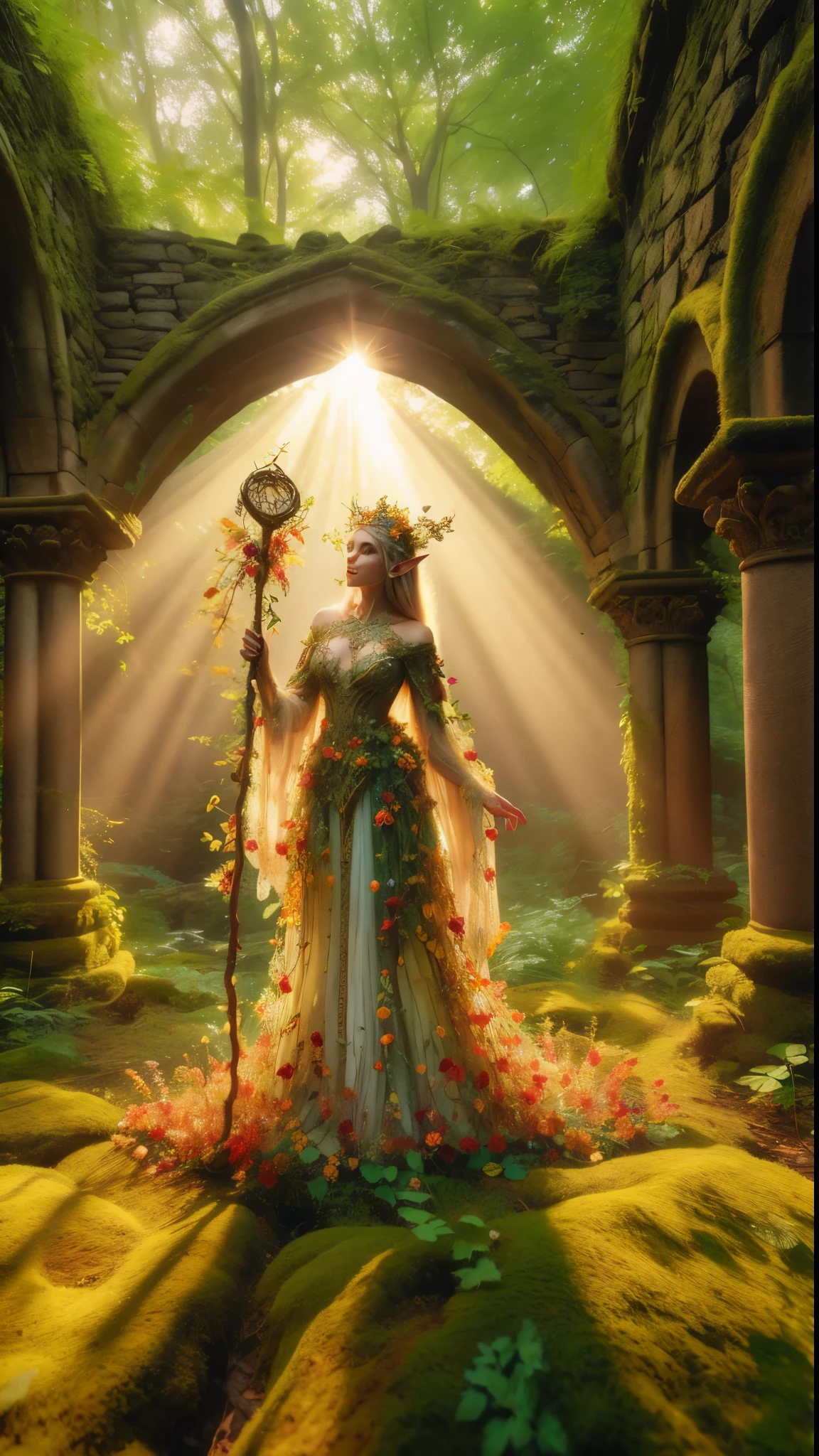 In a dappled, ancient forest ruin, an Elf Princess stands tall, her scepter raised high as beams of warm sunlight filter through the trees, casting a golden halo around her regalness. Her beautiful summer wear, enchanted clothing shimmers in the soft light covered in tiny miniature red multicolored flowers, and pea green and yellow tiny leaved vines, while lush foliage and vines surround her, creating a lush environment. The camera captures a sharp focus on the princess's face, with the rule of thirds composition placing her at the intersection of two diagonals. Shot during the golden hour, the scene exudes an ethereal mood, inviting the viewer to step into this mystical realm, fantasy, better_hands, Leonardo, Angela white, Enhance