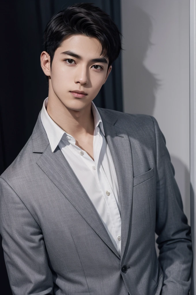(Male in his early 20s, Black short hair), (secretary, suit, formal), Balanced style, President's office, Modern Office,Subdued lighting,