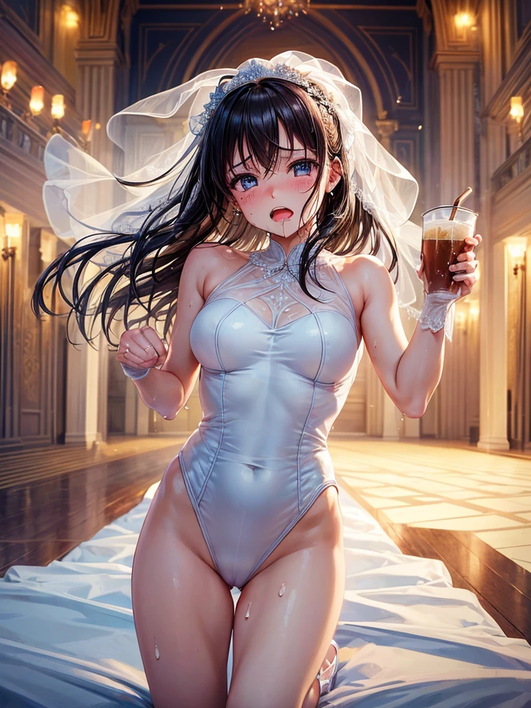 Highest quality,Highest Resolution,(((Wedding Leotard)))A beautiful girl with a crying face,(((Open your mouth and drool))),Night view,High leg,whole body,Tears,Sweating profusely,(((Holding a cup in your hand))),indoor,Very beautiful eyes,