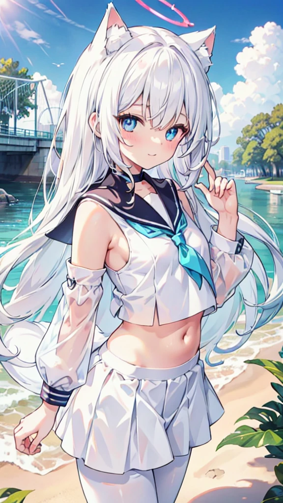 Sailor Suit，Navel，girl，White hose，White hair，Long hair，Cat ear，Heterochromia blue-yellow，Smile，Female face，There are bright spots in the eyes，Female hands，White little hands，Normal fingers，flat chest，in the park，Blue ring halo，White skirt