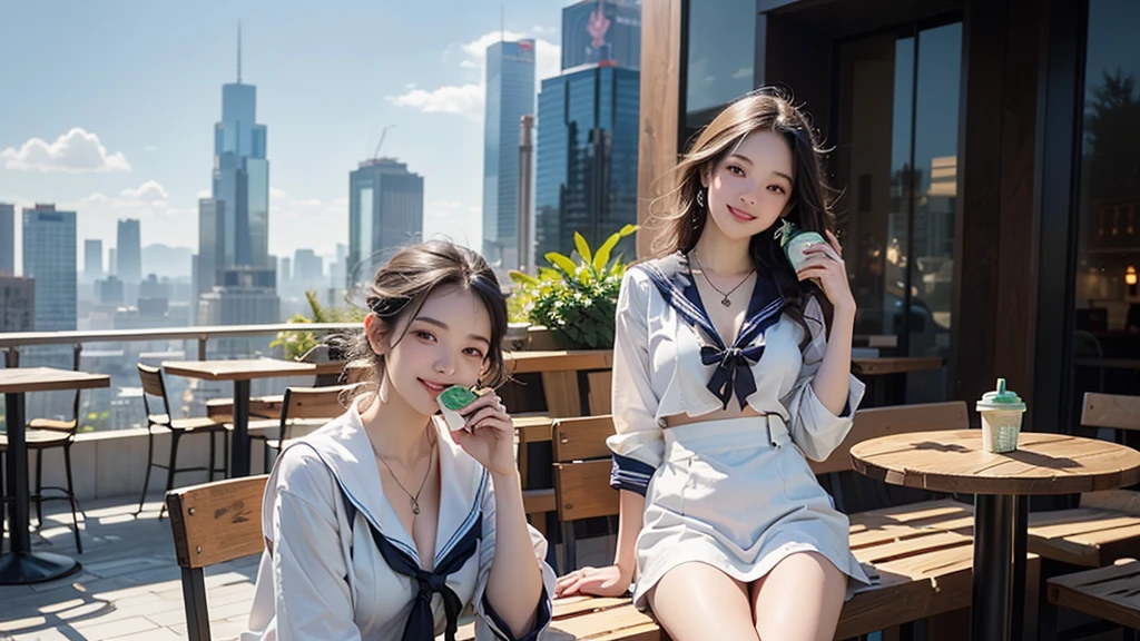 8K、RAW Photos、Highest quality、Super detailed、Super Resolution、Ultra HD、8K壁紙、Amazing details
(((Starbucks outdoor cafe、16 year old high school girl in sailor suit)))、((Eat cake、Drink coffee、smile))、Heart Necklace(Emphasize cleavage)
(Full body photo)
(((Skyscrapers are visible)))
(((Panty shot)))