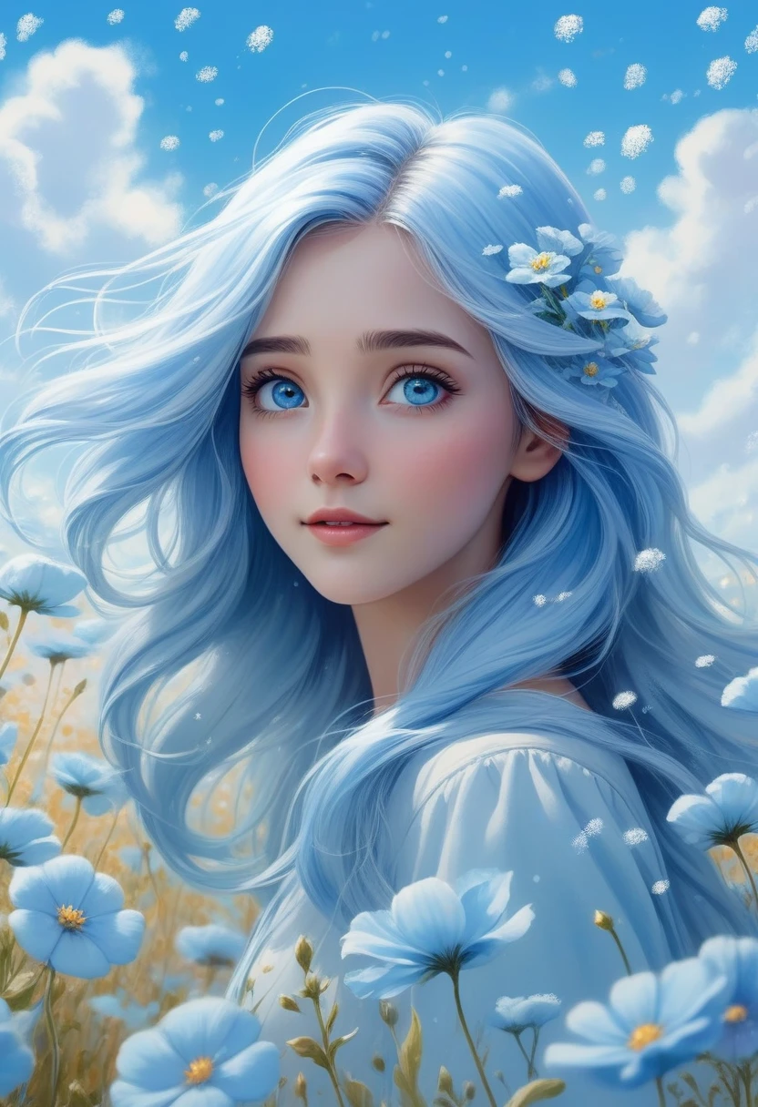 (absurdres, highres, ultra detailed, UHD, cinematic), solo, 1girl, mature, happy, girl standing in light blue flower field, light blue flower petal surrounding girl, full body, blue long hair girl, light blue hair, fantasy, dreamy, snowy, official art, pop art, profile, ultra detailed face, ultra detailed eyes, light blue flower field, ultra detailed field, white blue sky, cold, light blue, white,  nebula in the sky, blue tree, watercolor, pastel color