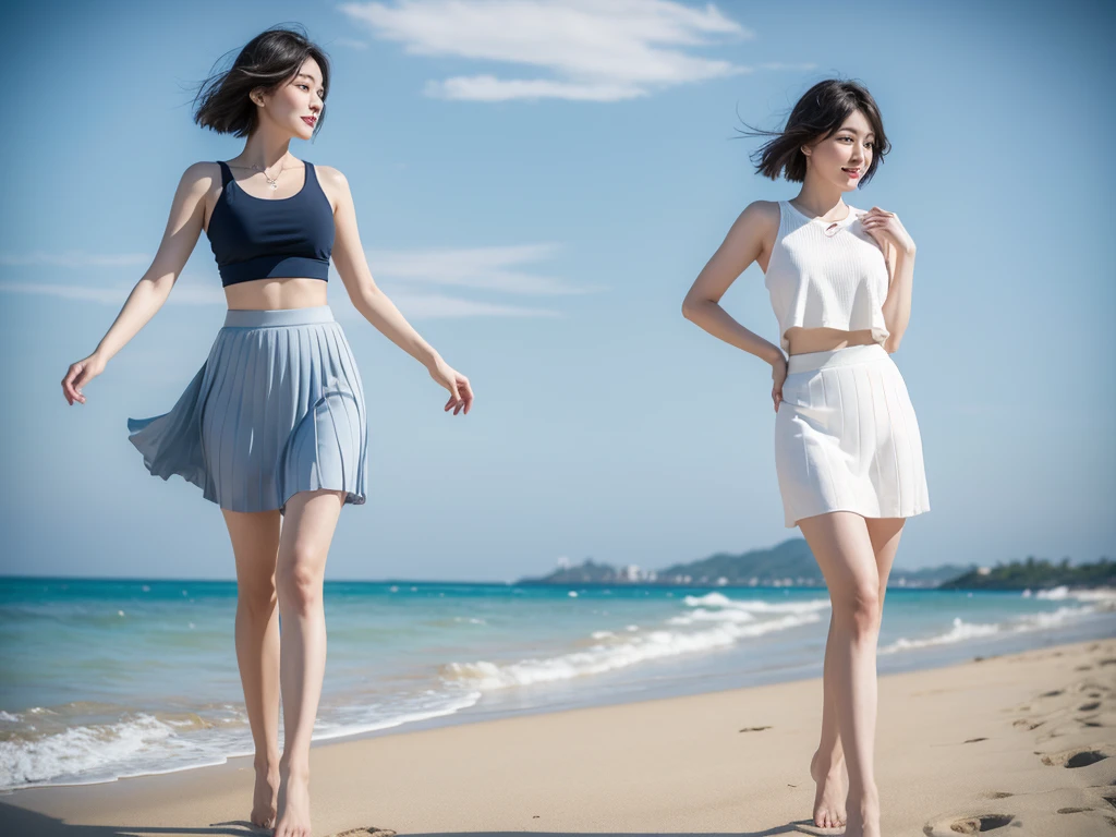 8K, blue, Beautiful 36-year-old short Korean woman, Chest size 34 inches, Wear sleeveless, light skirt. beautiful pretty woman look , wearing a light skirt , Short medium hair blowing in the wind, 1 short woman, beautiful eyes, I smile, Full-body photo taken from afar with a wide-angle lens, The background is clean and perfect., standing on a beautiful beach, wearing a light white skirt,
