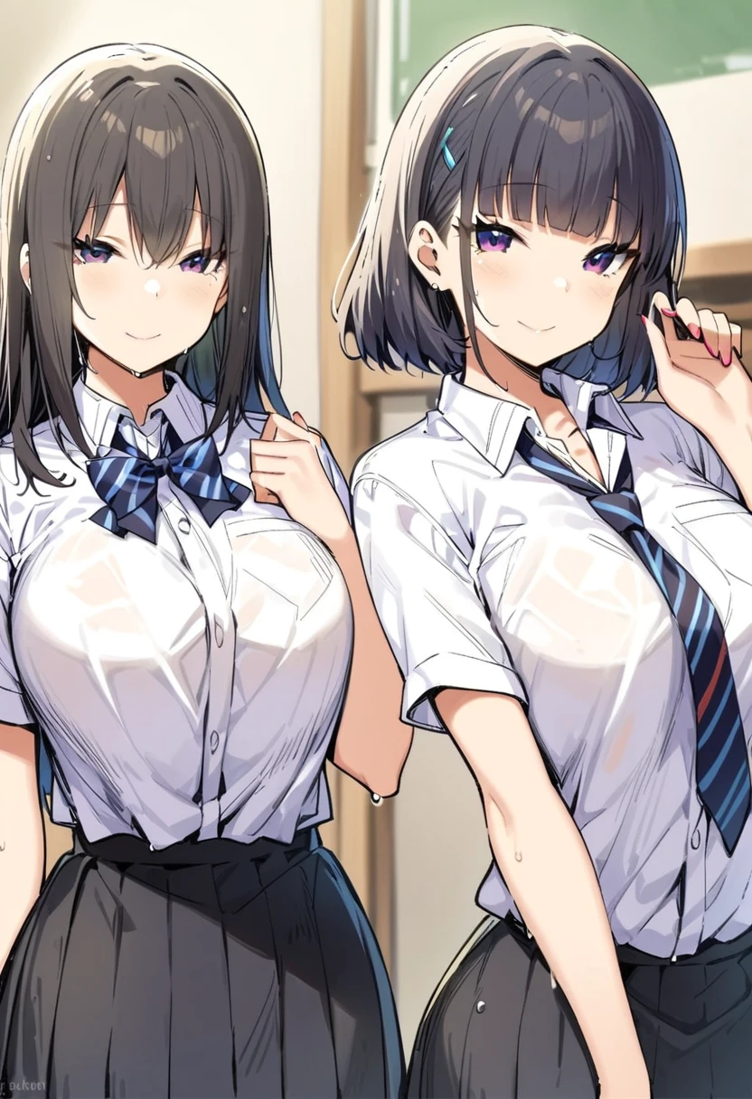 masterpiece, Highest quality, High resolution, ＪＫ,((Two Girls,)),View your viewers, , smile、stand.side angle shot,see-through collared shirts, white shirts, short sleeve, tie, blue stripe tie, school, short skirt, dark grey skirt ,glamorous,wet,wet