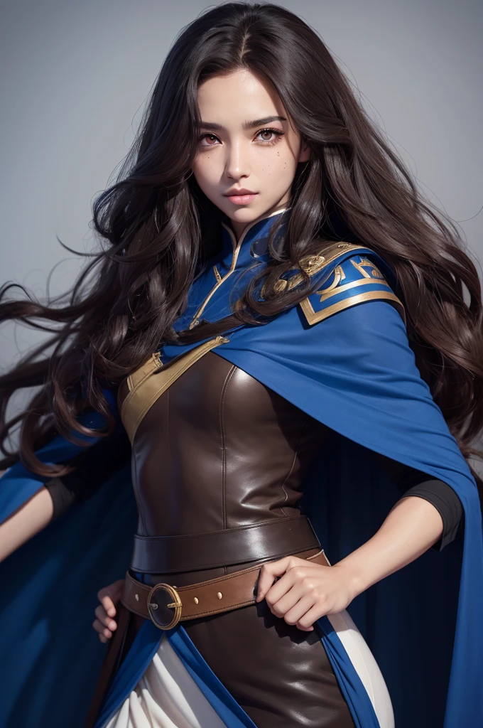 with long curly brown hair, eyes browns, a mole on the left upper lip, low height and wearing the hashiraa uniform with a bluish black cape over it, all with demon slayer animation style