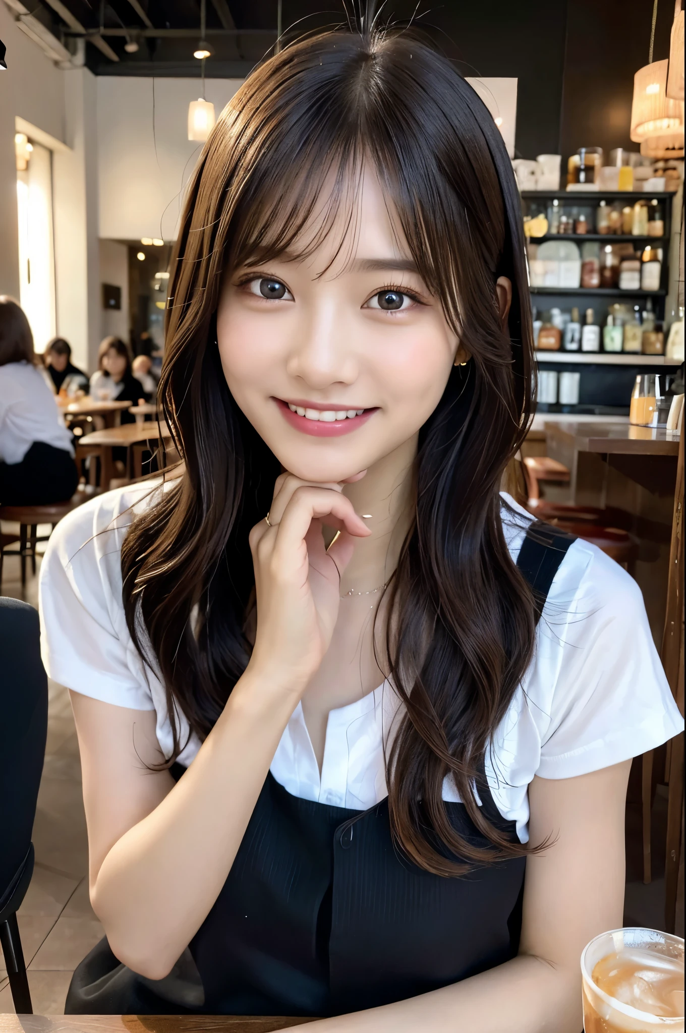 Very detailed eyes, Very detailed face, Highest quality ,masterpiece, Very detailed, Super detailed, (Realistic, photo-Realistic:1.3), smile, (Look forward), View your viewers, Black Shirt, One girl ,Poop on a chair, Drink coffee, At the cafe
