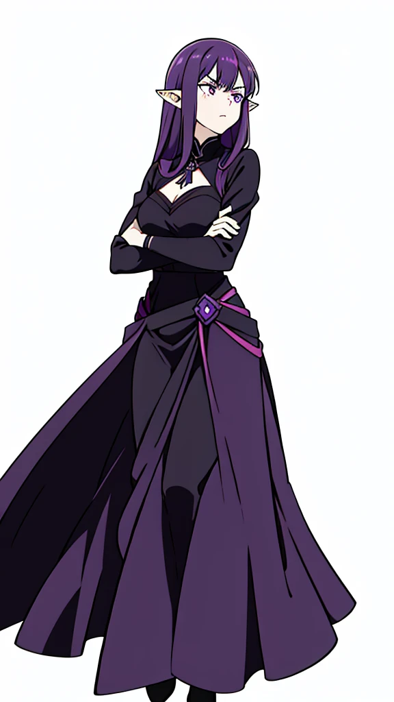 (1girl,30 years old,mature female),pointy ears,purple eyes,purple hair,long hair,angry,black dress,crossed arms,looking away(white background,line drawing)