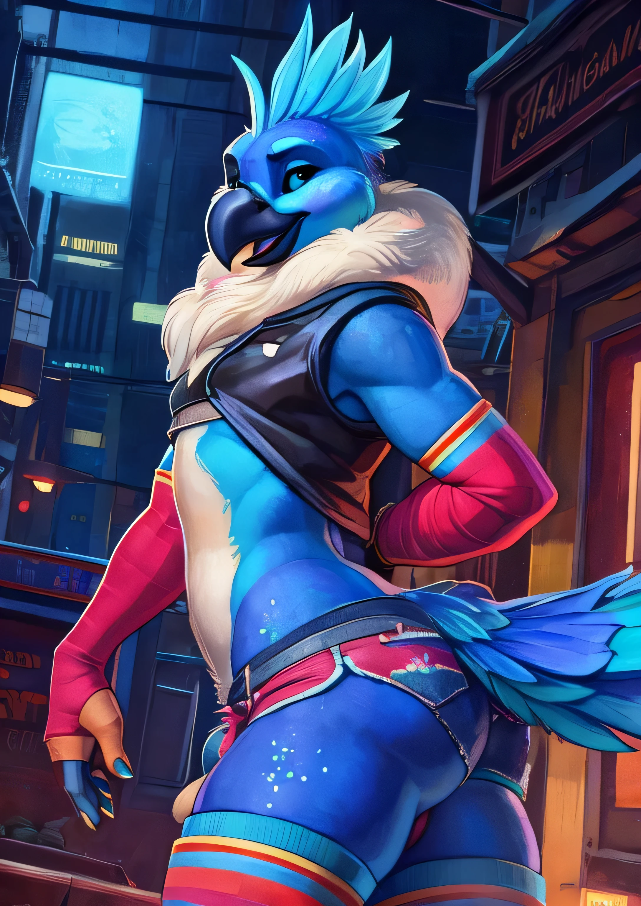 uploaded on e621, ((by PixelSketcher)), by Zaush, (by Rajii) , by Tsampikos , by Vader-San
solo male Coby, (((solo))), ((realistic)), atiel, anthro, furry, avian, ((clear cyan eyes)), black sclera, long cyan feather mohawk, black beak, blue body with cyan accents, bird feather tail, black bird arms, cyan claws, ((cyan glitter dots on hips)), neck tuft, (bulge,) crotch tuft, ((half-length portrait)), BREAK, (detailed Colin Campbell Cooper blue bird), (feminine, curvy), (((slim))), (skinny), twiny, ass, (deted Bonifasko lighting), (chibi:1.2), (detailed skin), BREAK, (dynamic pose, seductive pose:1.3),
(outdoors, ghetto basket ball court at sunset) ((denim shorts, crop top, sneakers, backwards cap, arm warmers)), (cinematic lighting), ((detailed background)),
(((three-quarter view))), (half body shadow), (happy, wide eyes, cute), (ass focus), cklighting], [crepuscular ray], [detailed ambient light], [gray natural lighting], [ambient light on the belly], [higher feather detail], [fluffy feather texture],
[realistic proportions], [explict content], [sharp focus], (questionable content), (shaded), ((masterpiece)), BREAK