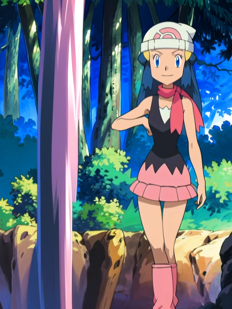 masterpiece, best quality, 1girl, dawn \(pokemon\), beanie, long hair, blue hair, blue eyes, black sleeveless shirt, pink scarf, pink skirt, pink boots, hands on hips, smile, looking at viewer, forest background