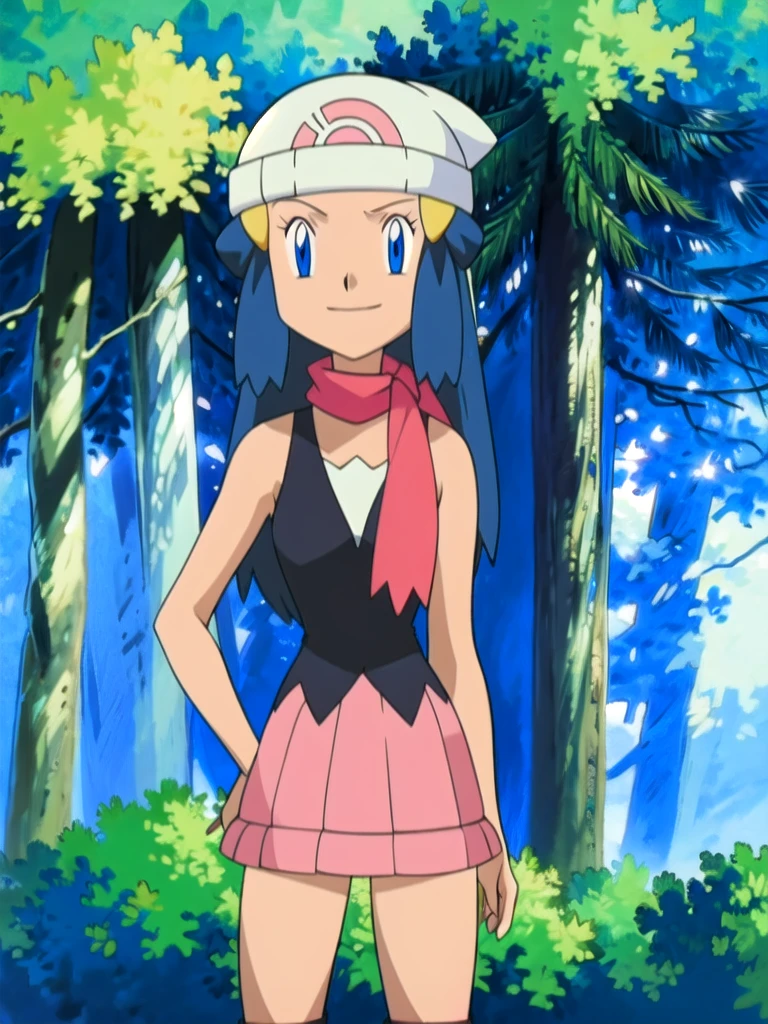 masterpiece, best quality, 1girl, dawn \(pokemon\), beanie, long hair, blue hair, blue eyes, black sleeveless shirt, pink scarf, pink skirt, pink boots, hands on hips, smile, looking at viewer, forest background