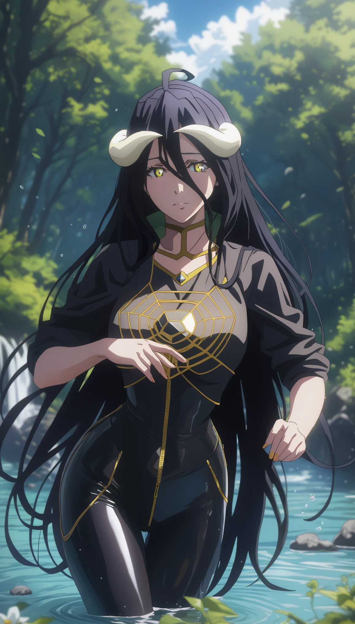 (harayutaka art style:0.7), score_9, score_8_up, score_7_up, score_6_up, uncensored, albedo, long hair, black hair, horns, demon girl, demon horns, albedo (overlord), hair between eyes, yellow eyes, slit pupils, BREAK (masterpiece:1.2), best quality, high resolution, (illustration:0.8), (detailed eyes:1.3), perfect lighting, extremely detailed CG, (perfect hands, perfect anatomy),  latex bikesuit, solo, nature,  outdoors, standing, forest, looking_at_viewer, water, blurry, tree, blurry_foreground, water_drop, rock, depth_of_field, 