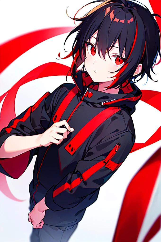 [(WHITE BACKGROUND:1.5),::5], ((((masterpiece)))), high quality, ultra very high resolution, full color, (((solo))), ((little boy)), black hair, ((red streaked hair)), (red eyes), anime, ((upper body)), neon light, black parka, 