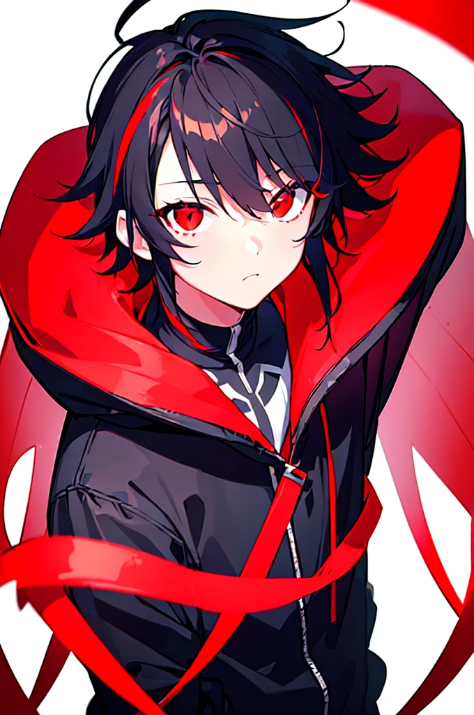 [(WHITE BACKGROUND:1.5),::5], ((((masterpiece)))), high quality, ultra very high resolution, full color, (((solo))), ((little boy)), black hair, ((red streaked hair)), (red eyes), anime, ((upper body)), neon light, black parka, 