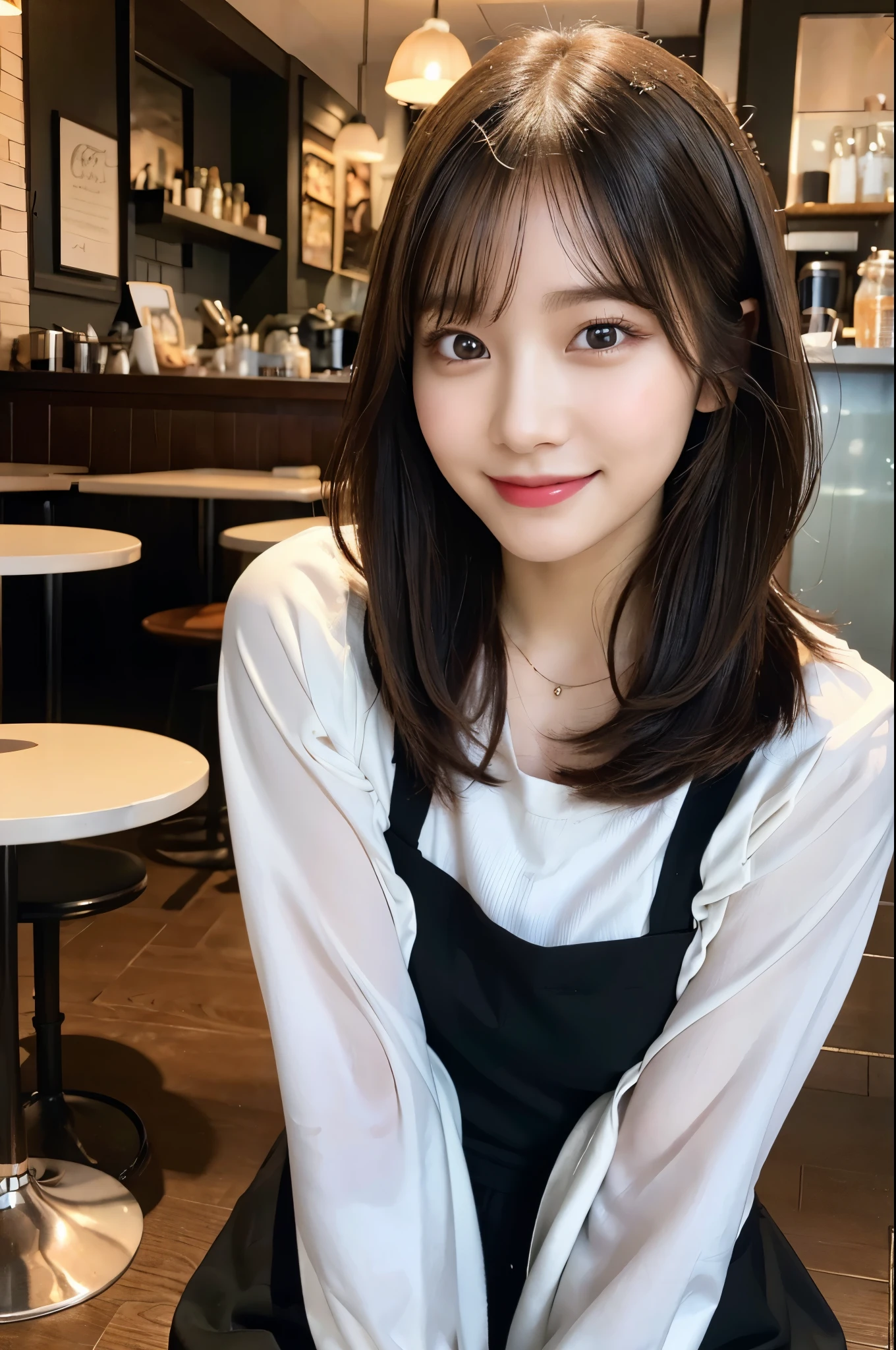 Very detailed eyes, Very detailed face, Highest quality ,masterpiece, Very detailed, Super detailed, (Realistic, photo-Realistic:1.3), smile, (Look forward), View your viewers, Black Shirt, One girl ,Poop on a chair, Drink coffee, At the cafe