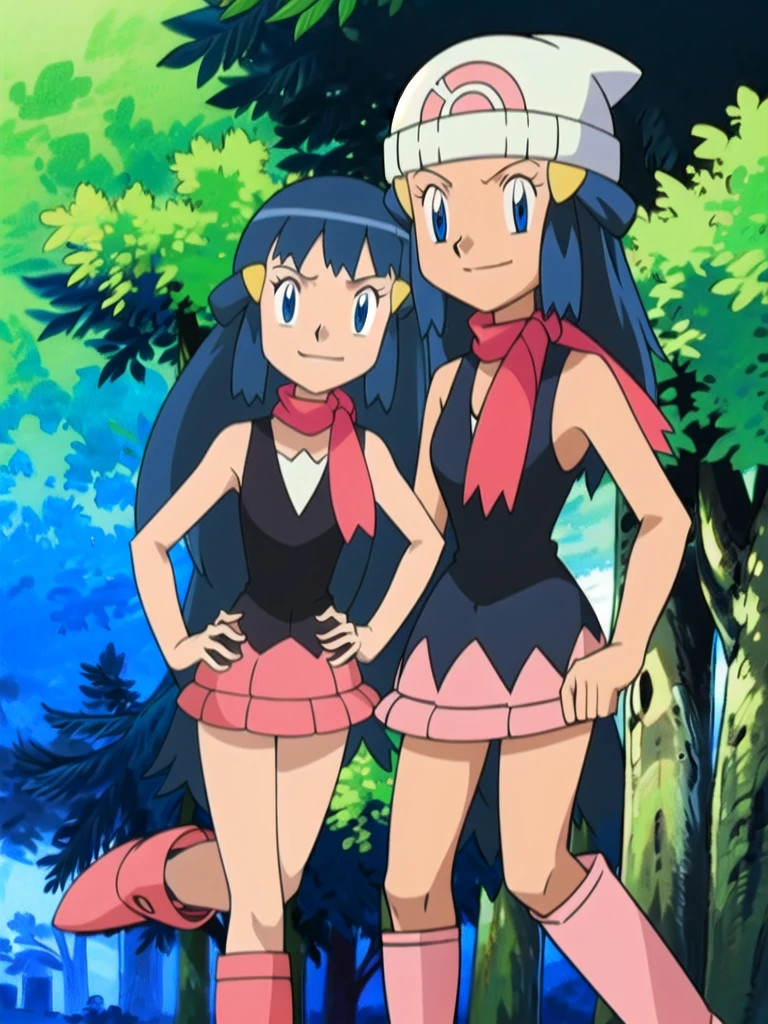 masterpiece, best quality, 1girl, dawn \(pokemon\), beanie, long hair, blue hair, blue eyes, black sleeveless shirt, pink scarf, pink skirt, pink boots, hands on hips, smile, looking at viewer, forest background