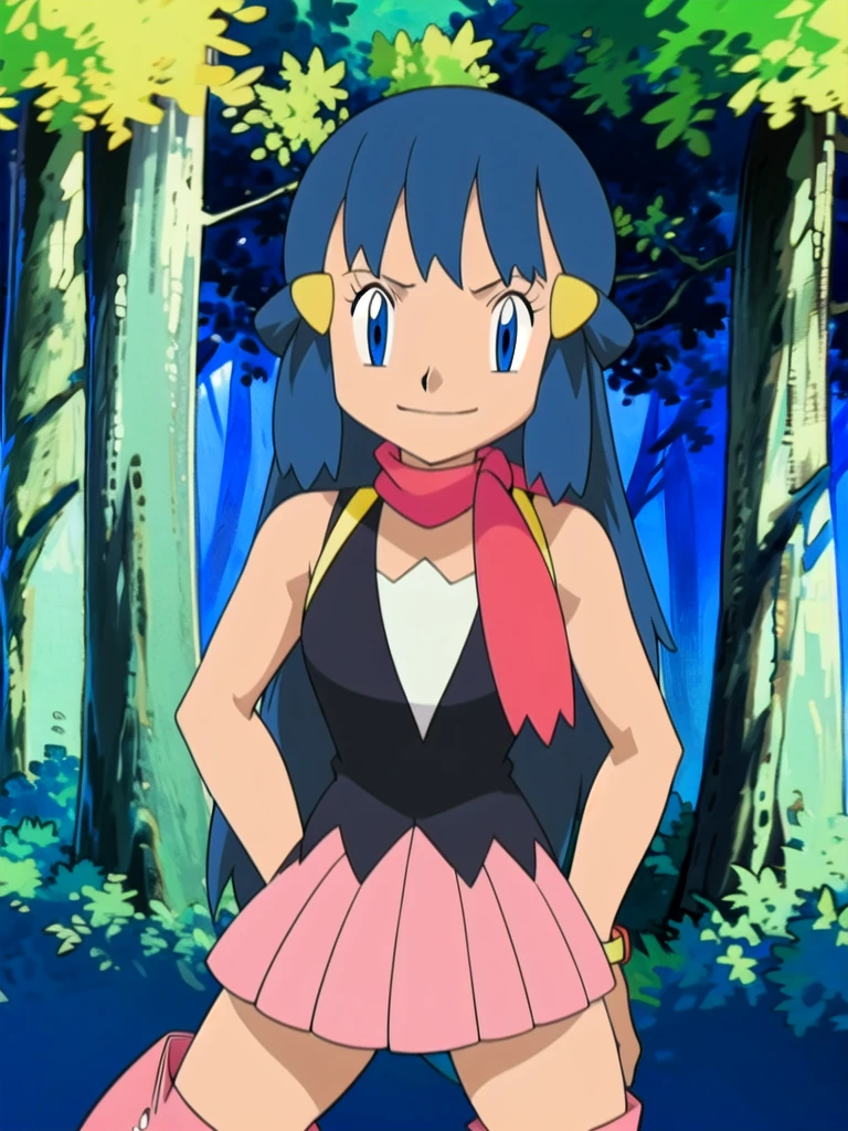 masterpiece, best quality, 1girl, dawn \(pokemon\), beanie, long hair, blue hair, blue eyes, black sleeveless shirt, pink scarf, pink skirt, pink boots, hands on hips, smile, looking at viewer, forest background