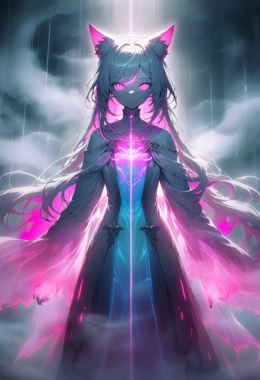 ghost-like transparent catgirl, looking at viewer, straight-on, translucent, flowing, ethereal, luminescent, spectral, mist, atmospheric, eerie, ghost-like, flowing gown, glowing hair, misty skin, mirrage, smoke-screen, glowing pink eyes, catgirl, transparent body, transparent skin,