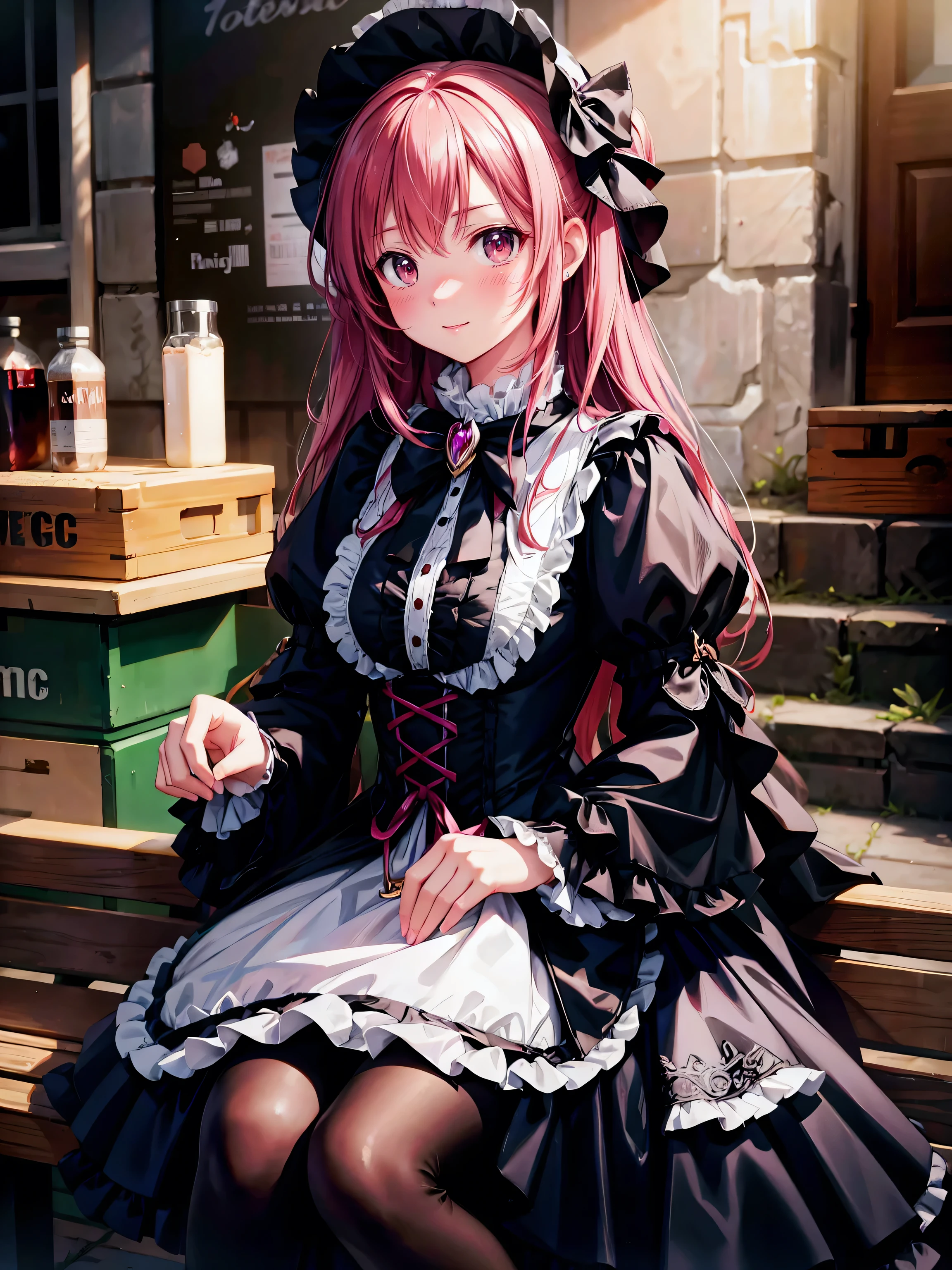 
black and pink outfit sitting on a bench, Lolita Style, Lolita Fashion, Cute as an angel, black and pink gothic lolita dress,dress, Magical Lolita Girl, Ruffled Costume, victorian gothic Lolita Fashion, Magic , Witchcore Outfit, , Layering, (((Masterpiece, Super detail, top quality, ultra high res, Spectacular Quality, Distinguished Quality, ultra detailed, unity 16k, ultra photo realistic))), (huge magic circle drawn in the sky and on the ground in night:1.5),