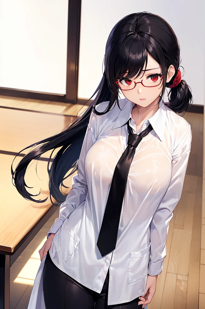 (masterpiece; best quality: 1.2), (finely detailed eyes: 1.3), ((25 year old woman)), ((solo)), (red eyes: 1.4), (body; gorgeous, luscious, femenine: 1.3), (silky black hair + low ponytail: 1.3), (beautiful and clear background: 1.2), ((depth of field)), (equipment: labcoat + shirt black + necktie white + pants white + square glasses black: 1.3), (anime illustration: 1.2), (background composition; japanese highschool classroom + furniture: 1.1), (extremely fine and beautiful: 1.1), (shot composition; standing + centered on torso + close-up: 1.5), (expression; calm, stoic: 1.2)